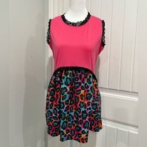 Crazy Train Pink and Multicolor Blouse with Lace Trim Size S